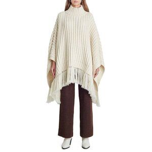 ELEVEN SIX Hanni Fringe Rib Wool Poncho in Ivory Size OS